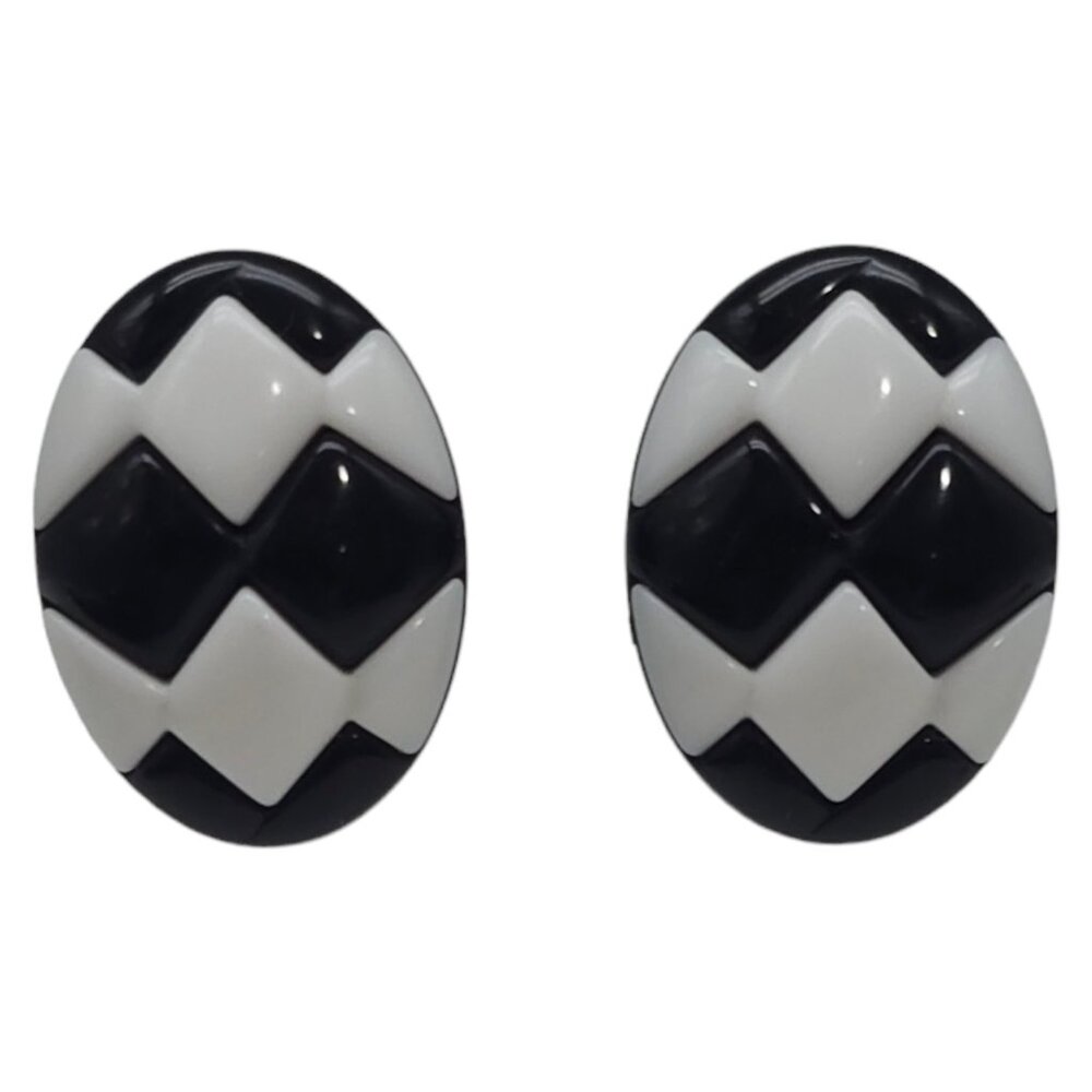 Vintage Avon Black White Oval Egg Pierced Earrings 1987 Sunsations 1" Plastic A1
